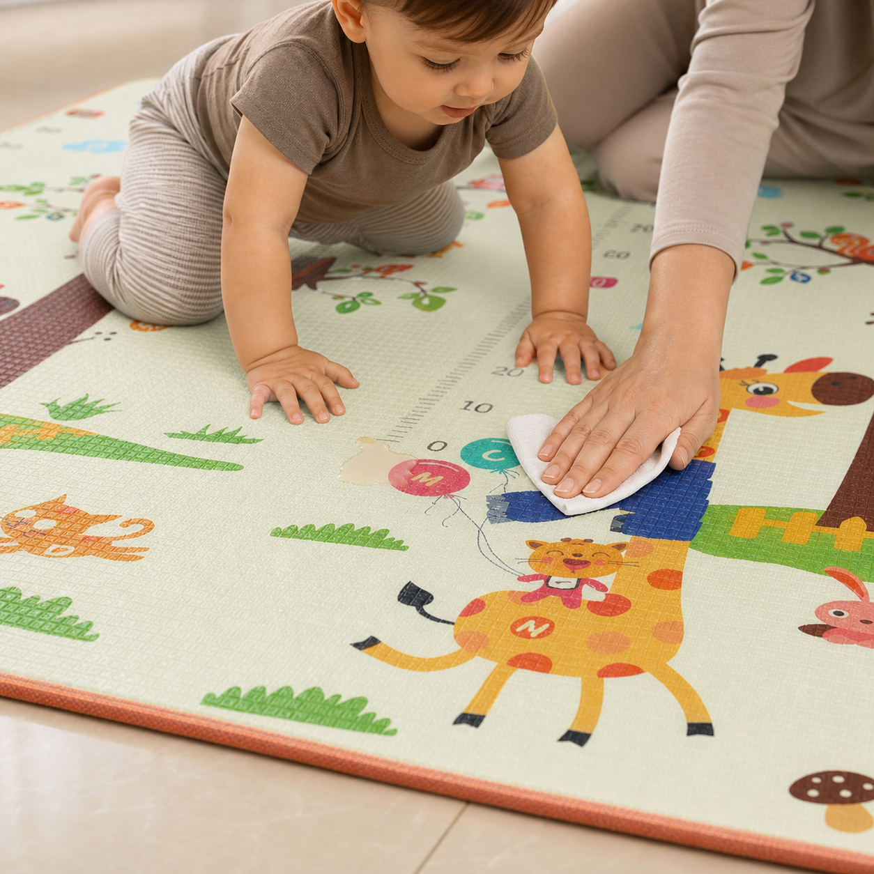 90cm Baby Play Mat Epe Activity Gym Kids — close low-angle view of the mat’s thin edge and wipe-clean illustrated surface under baby’s hands