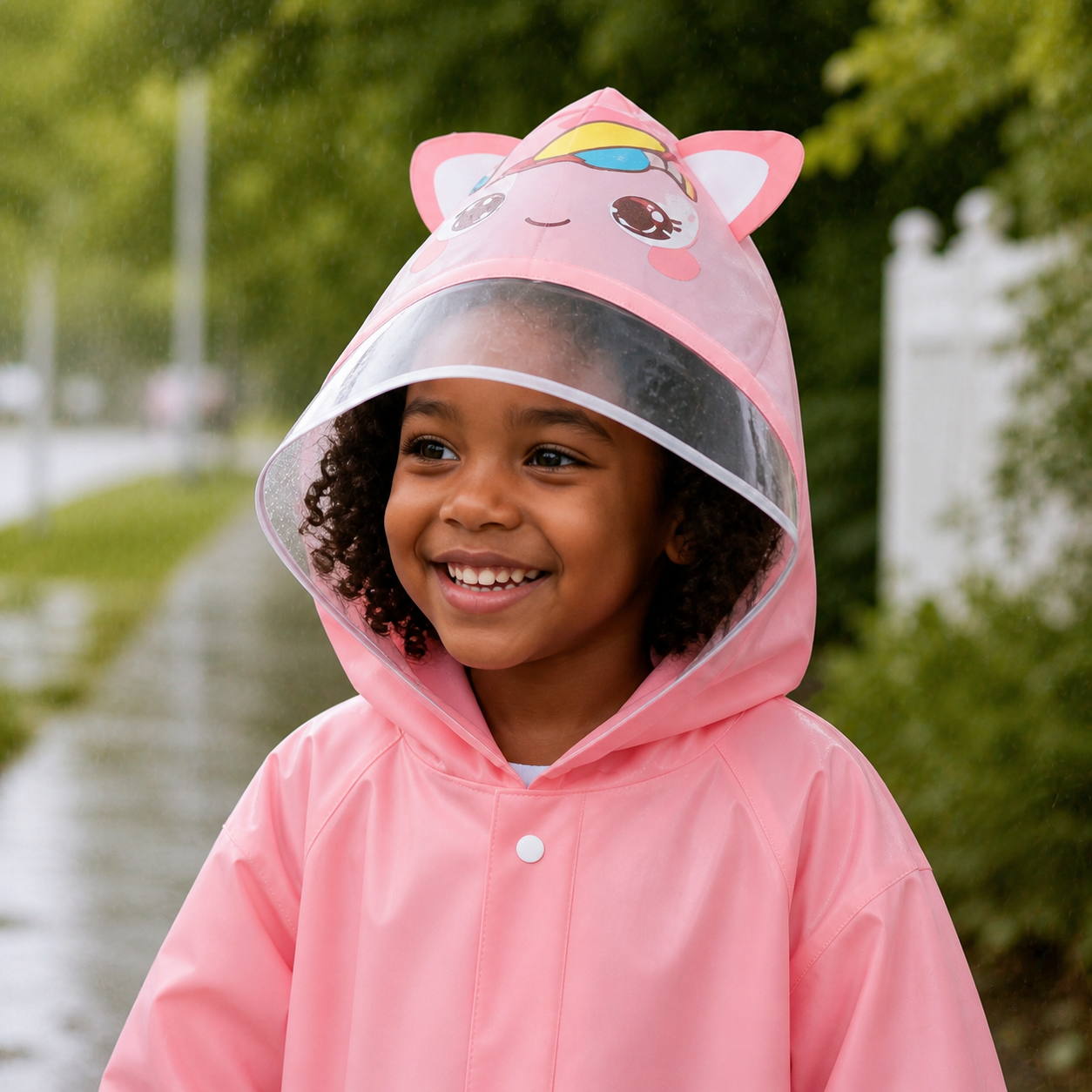 Pink unicorn rain poncho worn outdoors during light rain, full garment visible