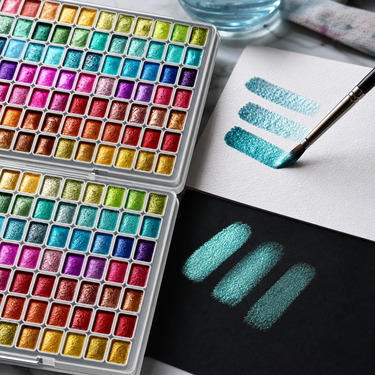 Metallic teal watercolor swatches on white and black paper beside the palette