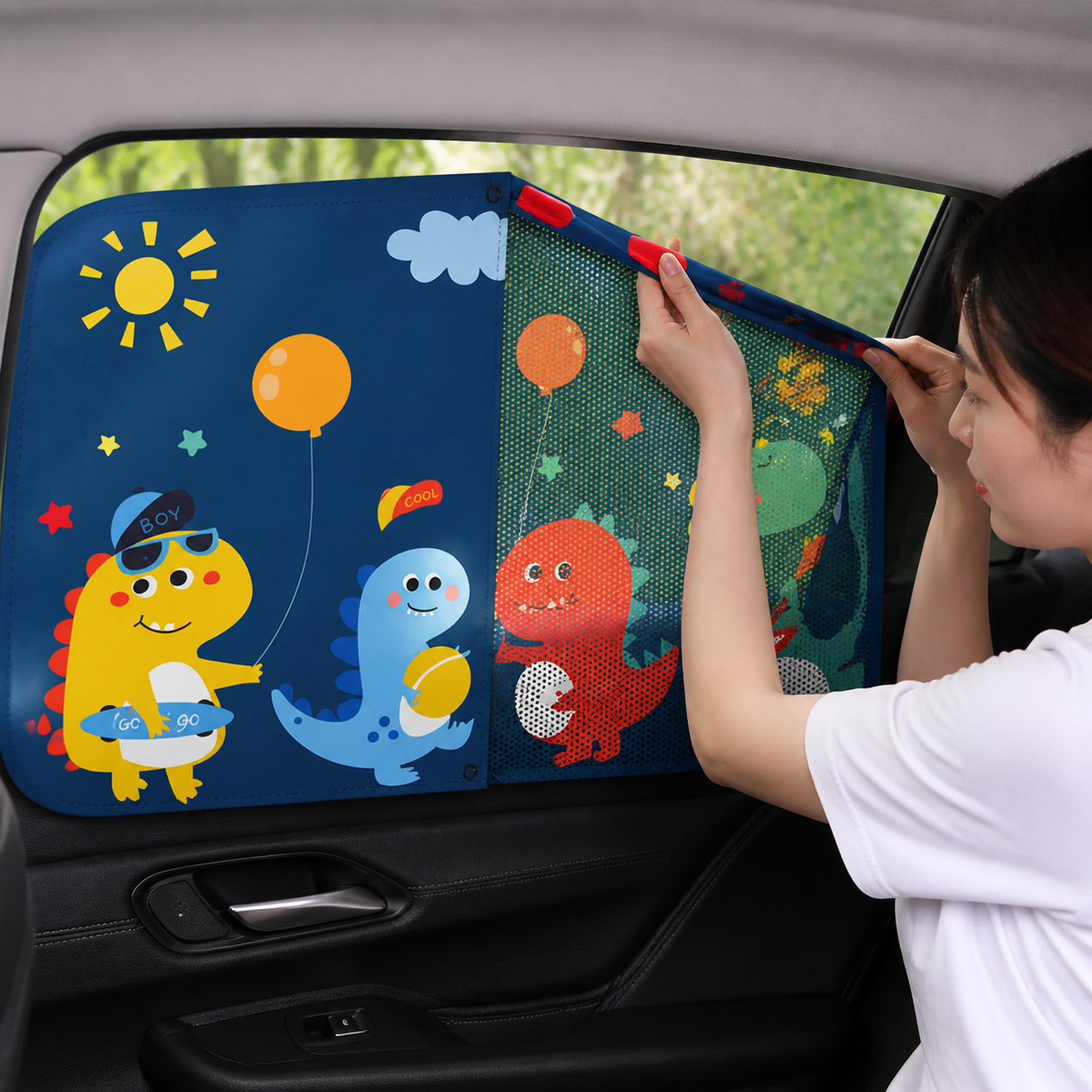 Parent installing the opaque and mesh layers of a magnetic rear car window shade