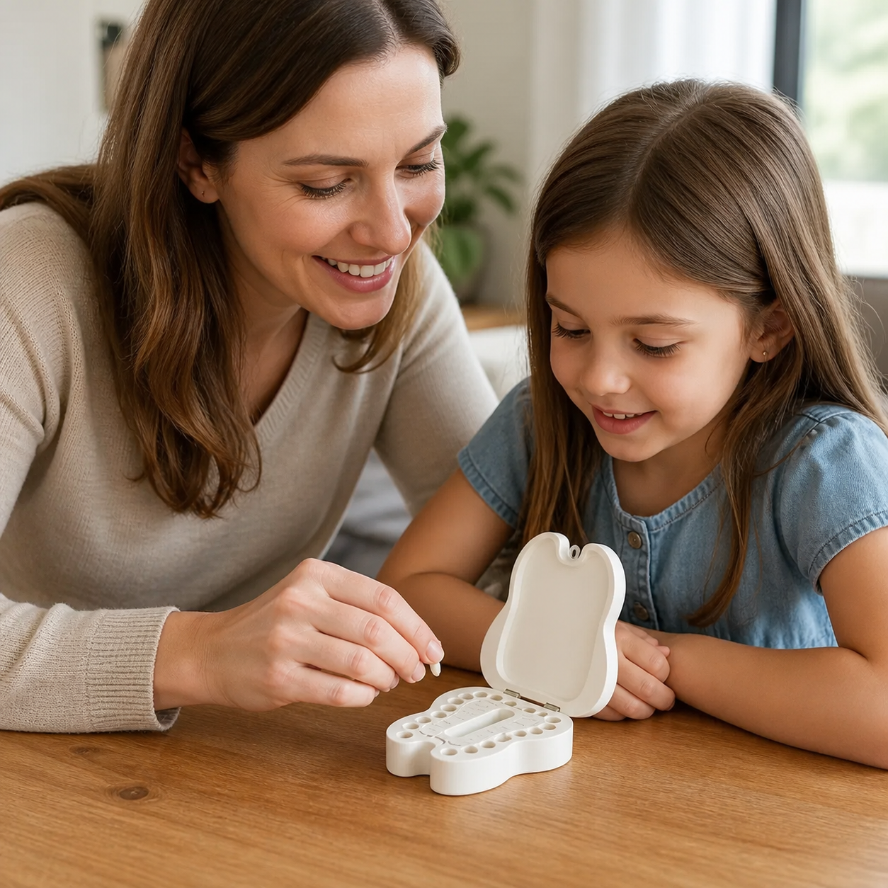 Baby Tooth Box Organizer Kids Milk Teeth Storage — parent and school-age child opening the tooth-shaped keepsake box together at a table