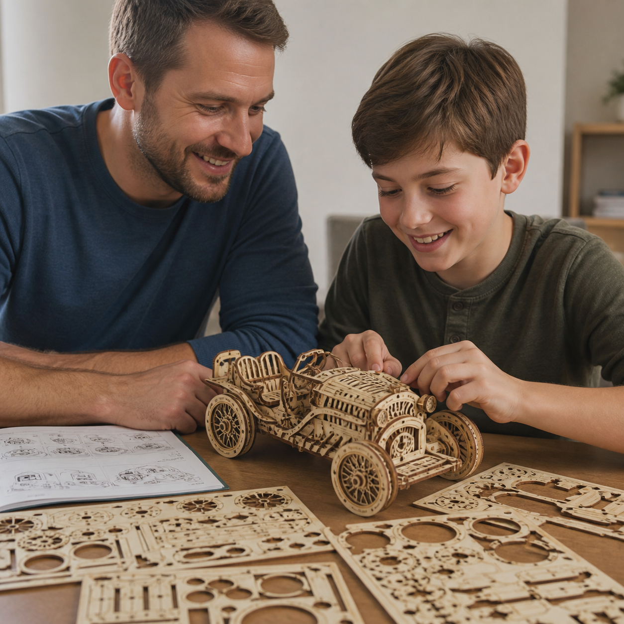 3D Car Wooden Puzzle Scale Model DIY Kit — completed wooden vintage car model displayed beside the remaining instruction sheet and tidy workspace