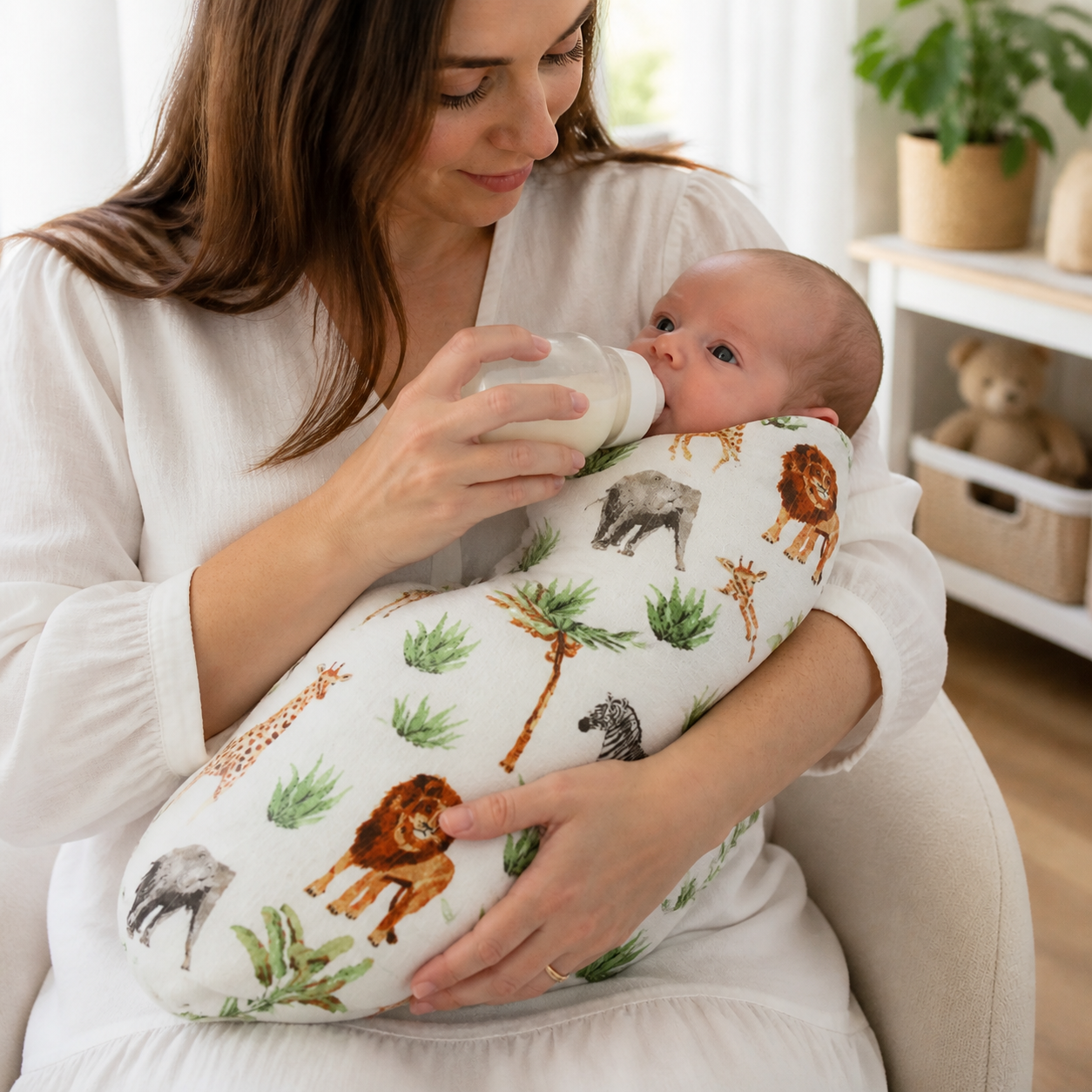 Parent bottle-feeding an awake newborn wrapped in the lightweight safari-print muslin blanket
