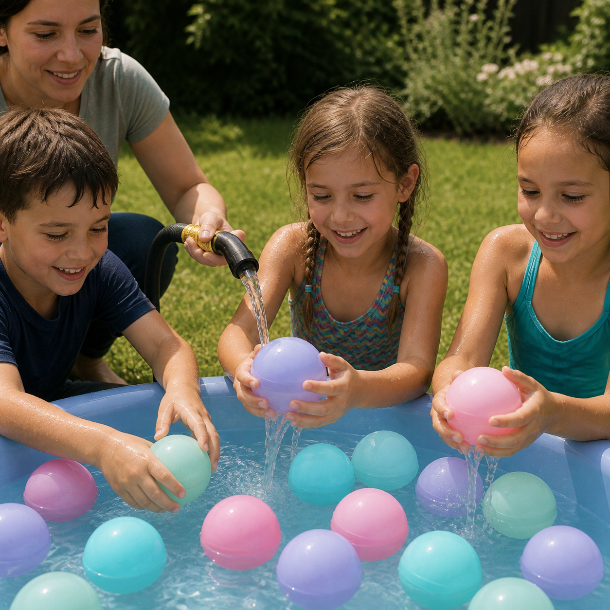 Reusable Water Balls Self-Seal Fast Inflating Silicone S — children filling the pastel self-sealing balls in a shallow outdoor water tub