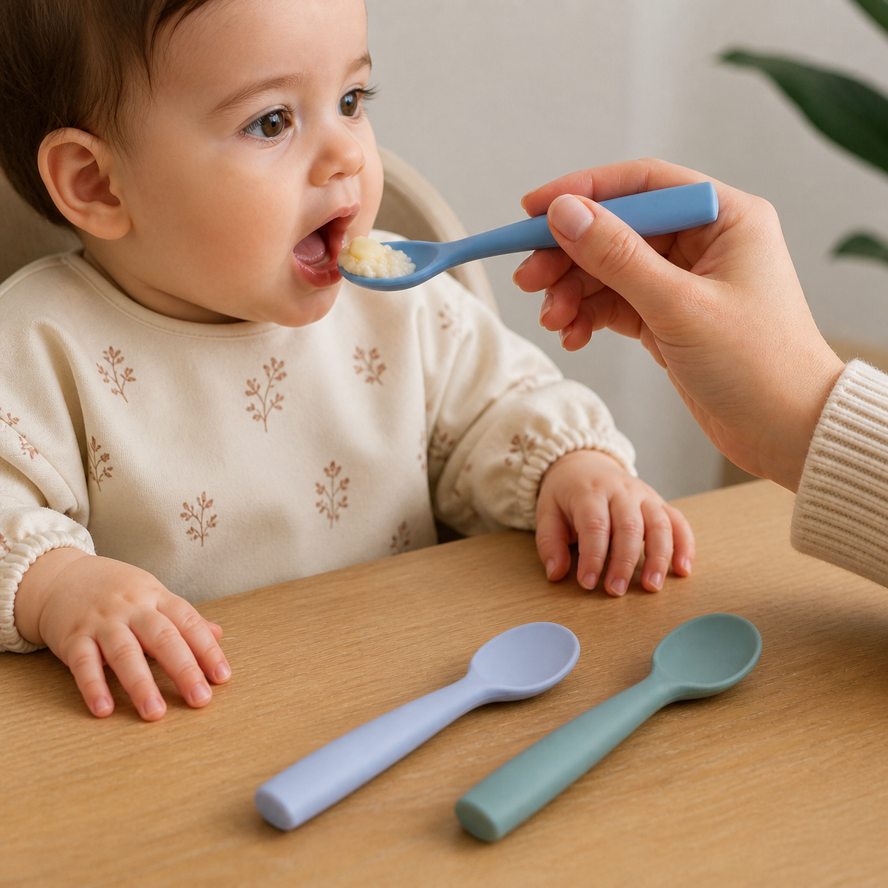 Silicone Spoon Personalized Custom Name Material Soft Baby — close side view of the soft spoon bowl and comfortable adult grip, accurate fingers