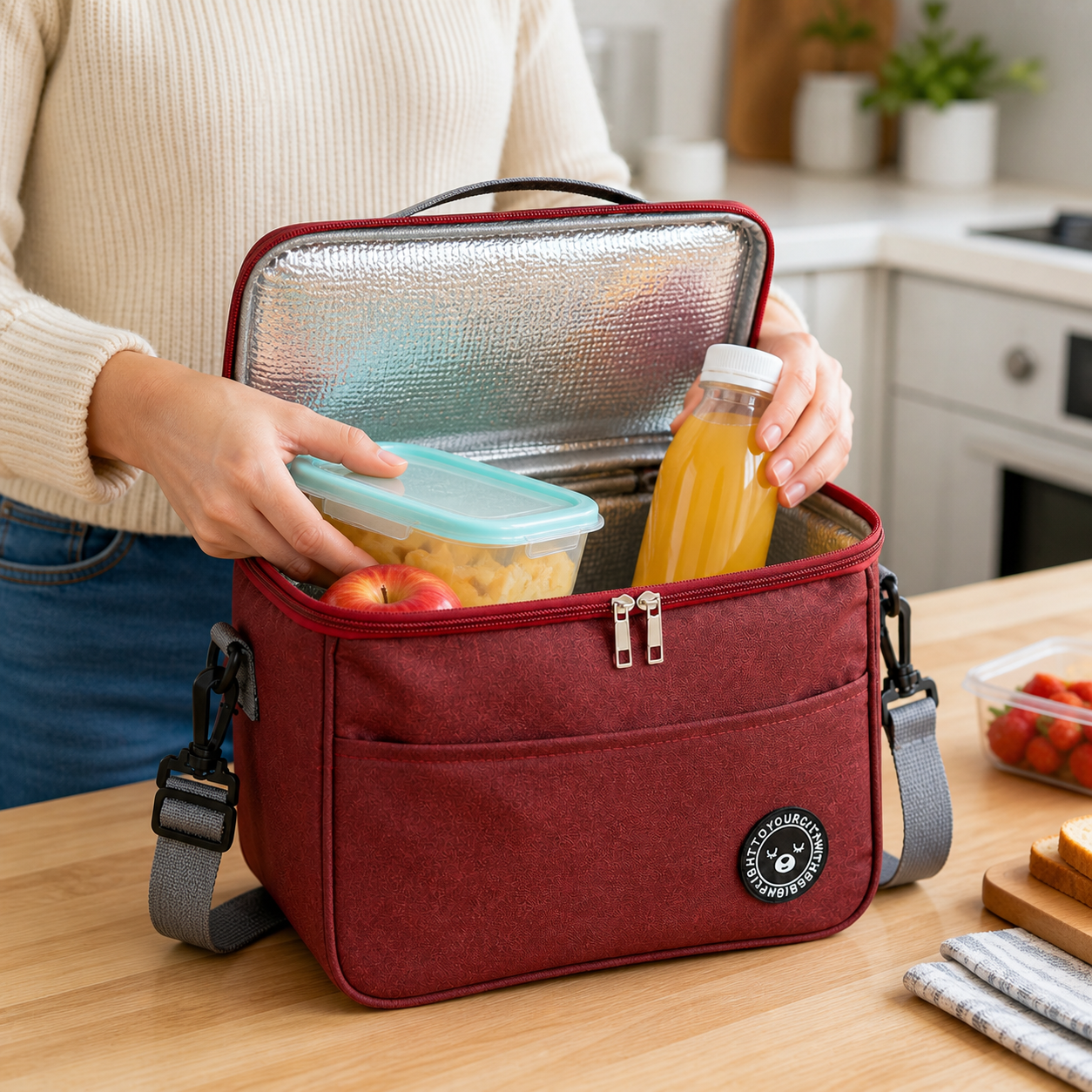 Adult packing a burgundy insulated lunch bag with a sealed container, apple and drink bottle.