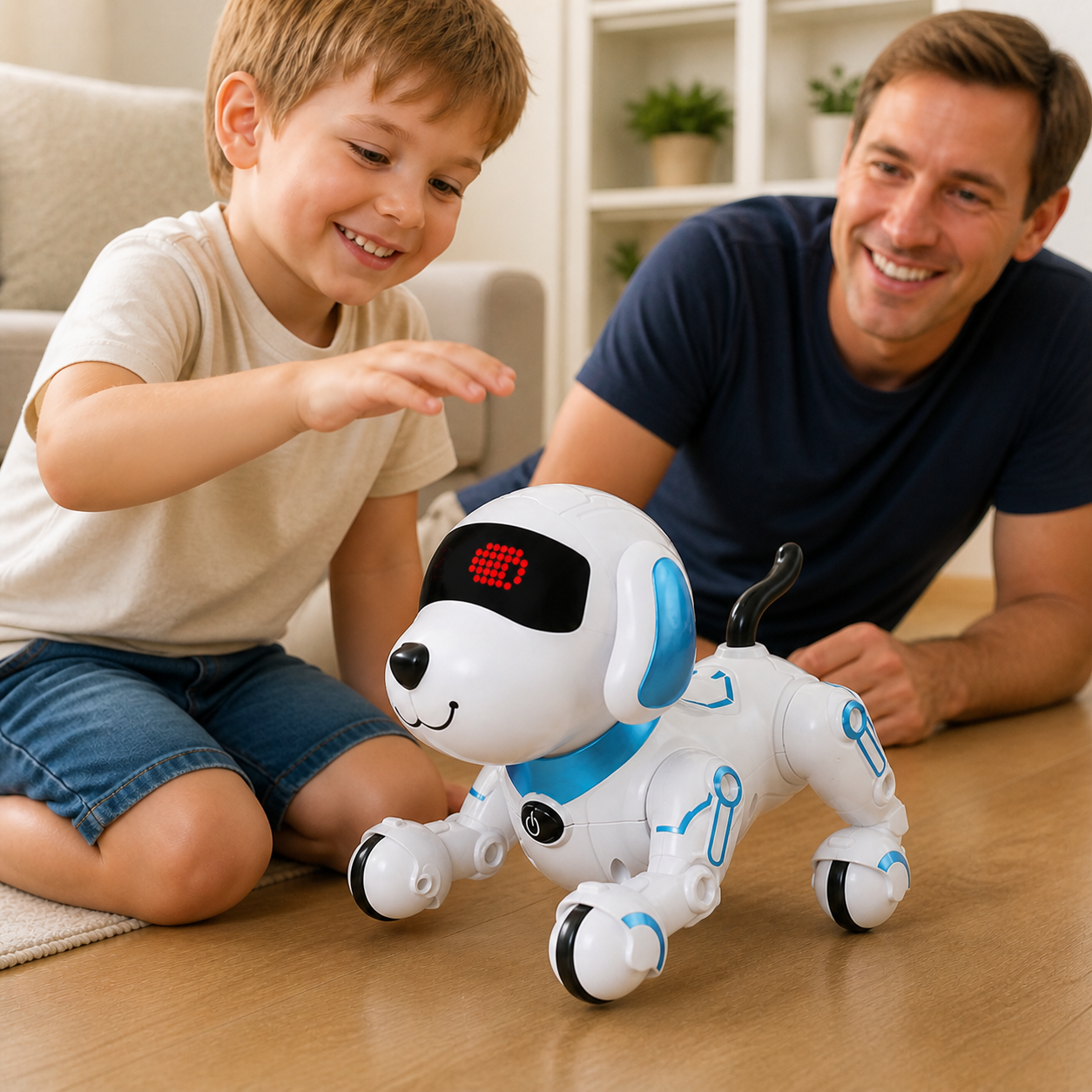 RC Robot Dog Electronic Stunt Pet Interactive Touch — close low-angle view of the display face and four articulated legs during a simple stunt pose