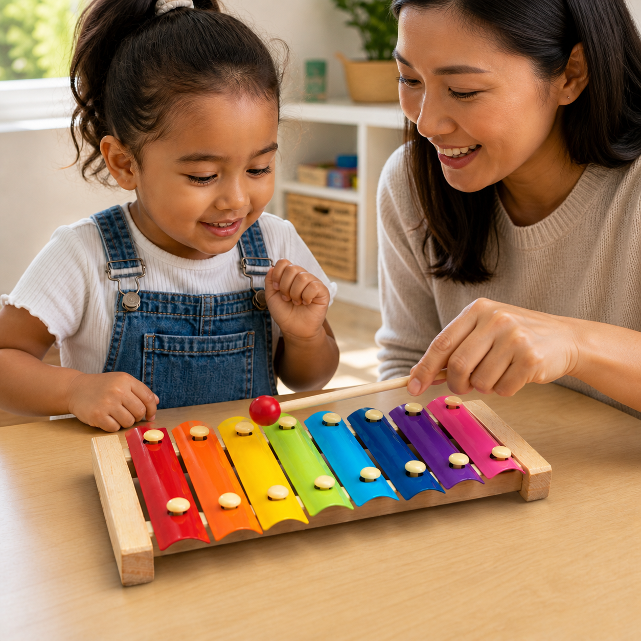 Adult demonstrating gentle striking and turn-taking on the eight-colour-bar wooden xylophone with a young child