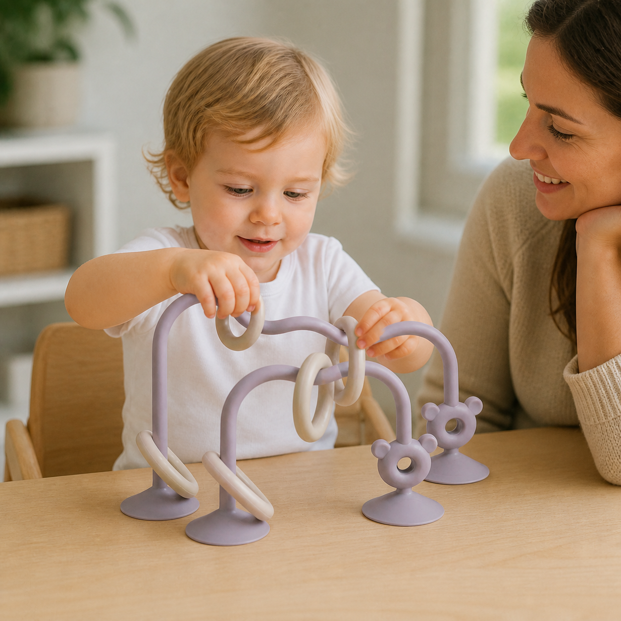 Silicone Children'S Desktop Toys Bead Wrap Baby Early — toddler moving the attached silicone beads along the purple tracks while seated