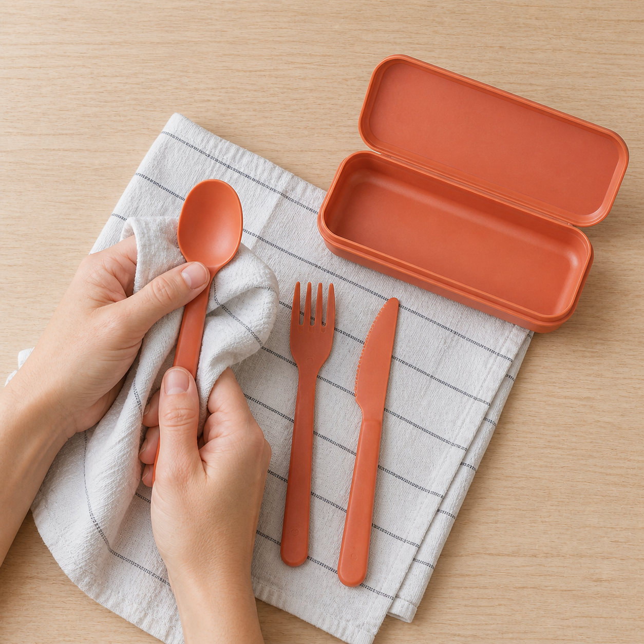 Adult drying an orange spoon beside the matching fork, rounded table knife and open travel case.