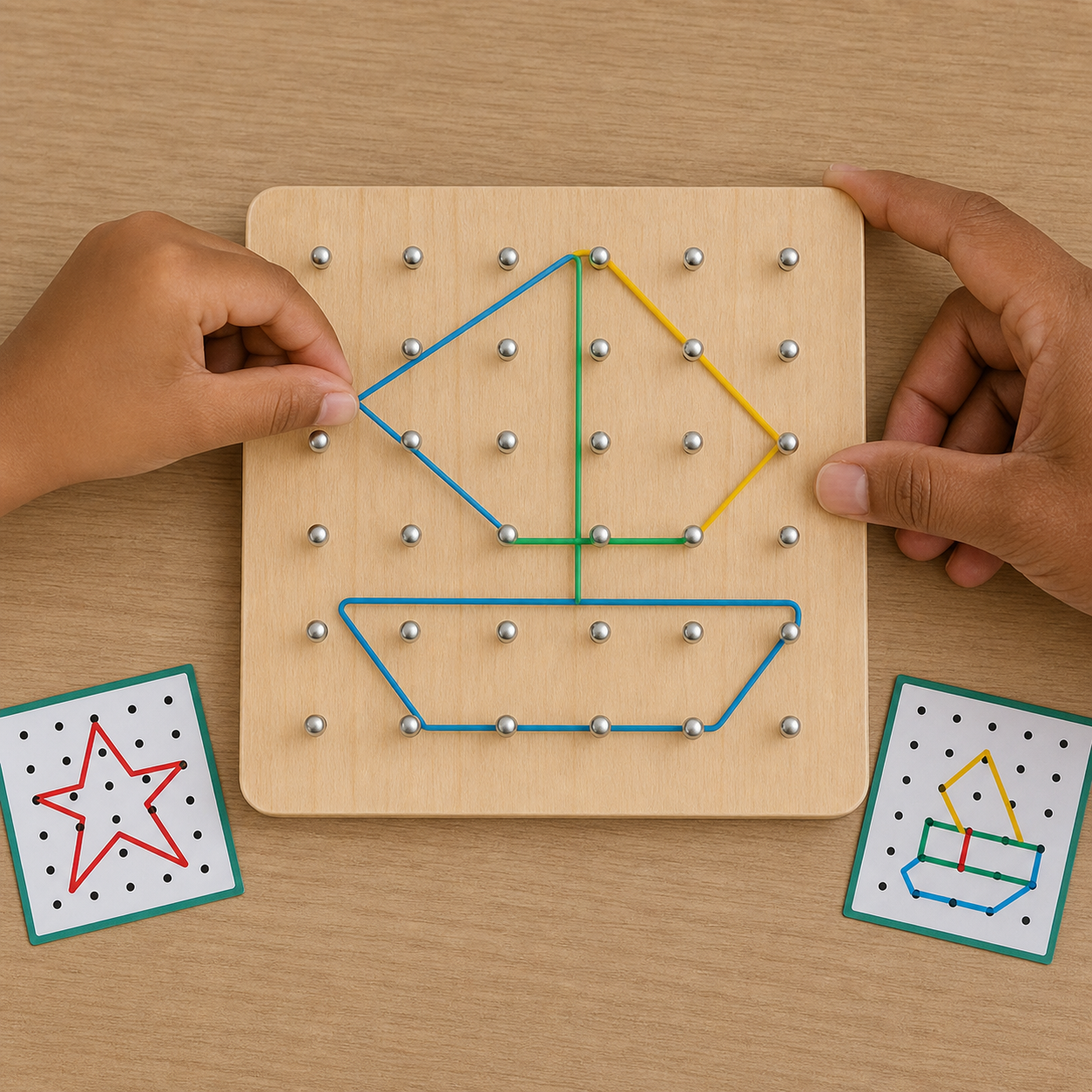School-age child matching a pattern card on a wooden geometry nail board