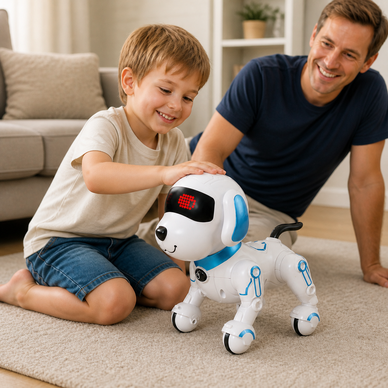 RC Robot Dog Electronic Stunt Pet Interactive Touch — child gently touching the blue-accent robot dog as it stands on the rug