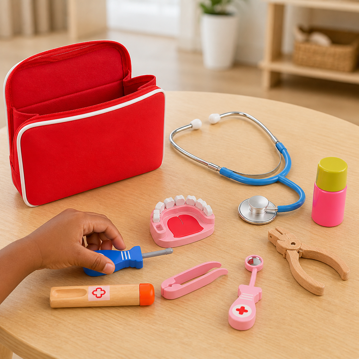 Two children sharing a supervised pretend doctor role-play set