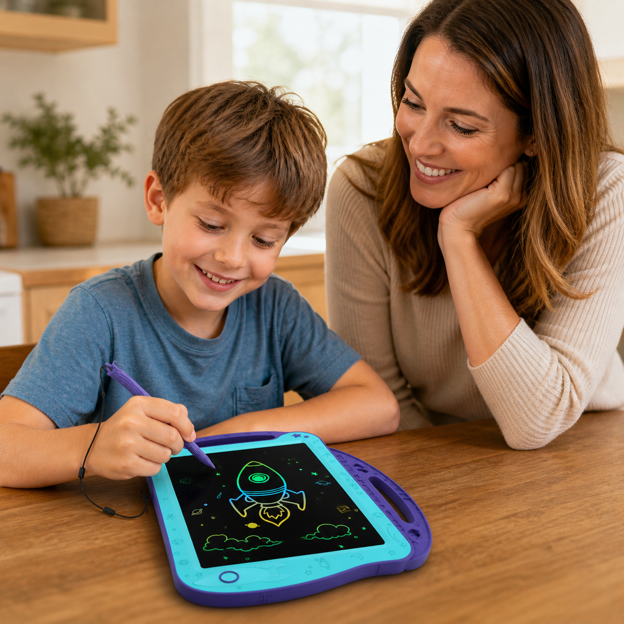 Young child drawing colorful lines on a purple-blue LCD writing tablet