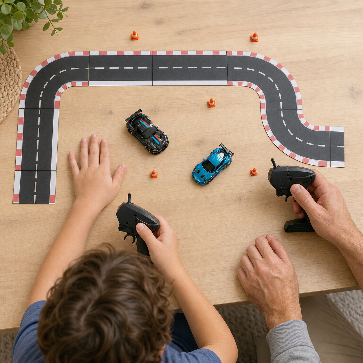 Child and parent guiding two miniature remote-control cars around a tabletop course
