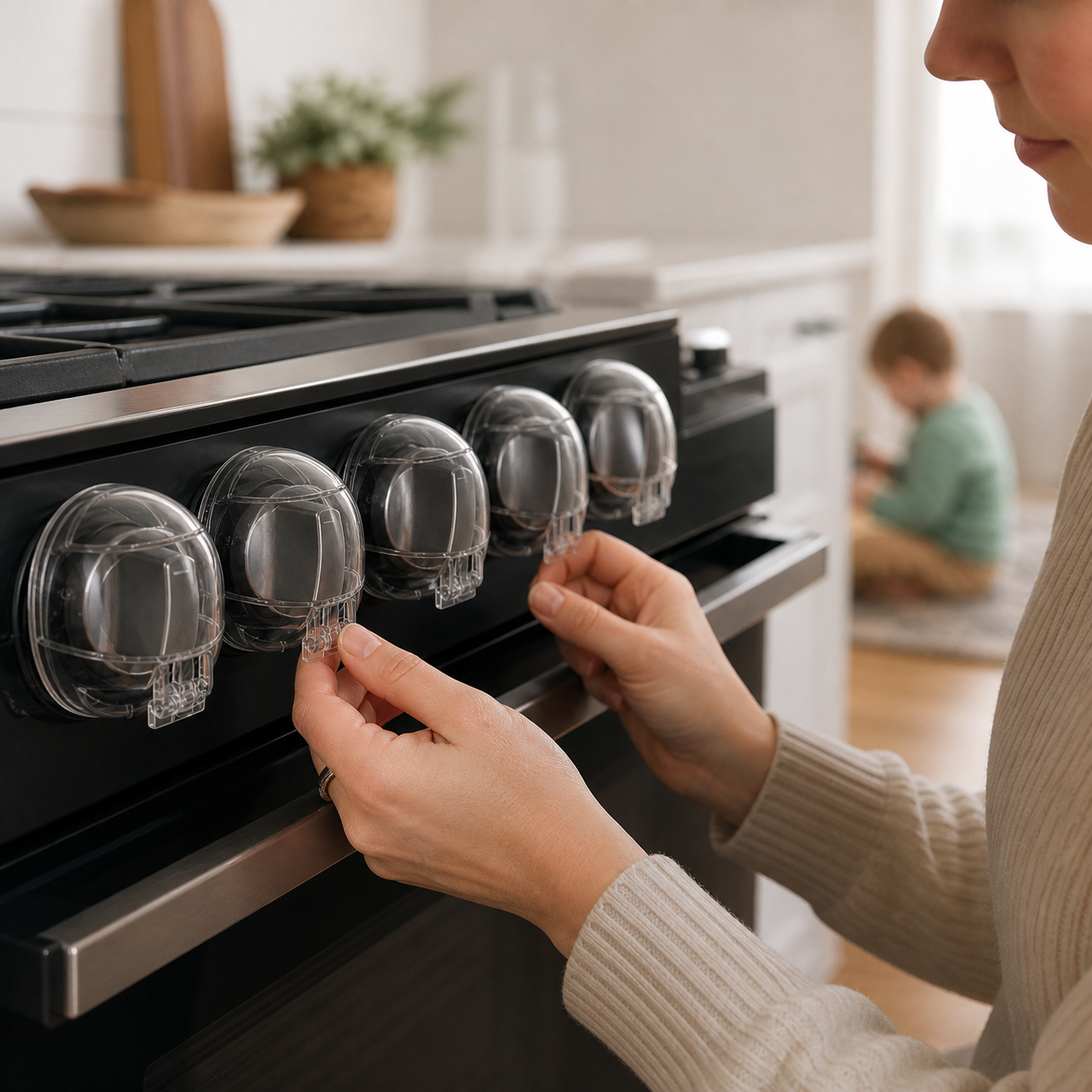 Stove Knob Covers Safety Plastic Kitchen Guards Universal — finished row of matching covers on a cool stove while parent checks each latch, child absent