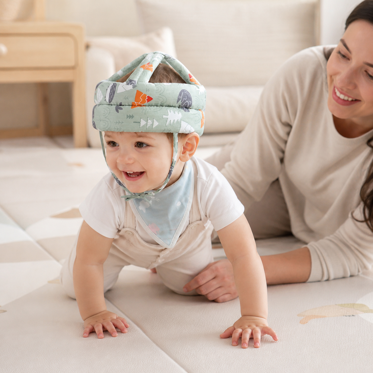 Baby Safety Helmet Head Protection Hat Soft Comfortable — baby crawling on a clear padded play area while parent stays within arm’s reach