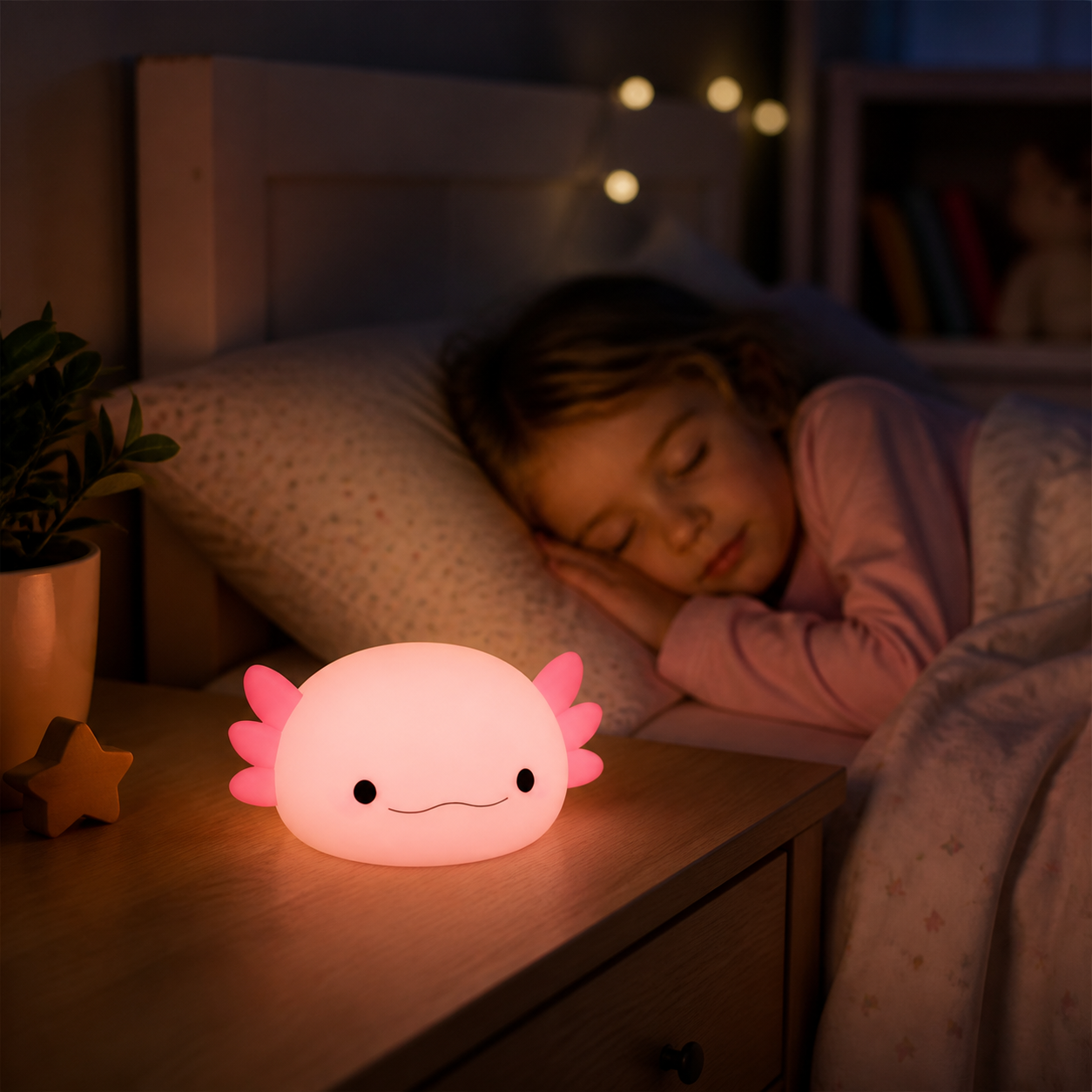Axolotl silicone night light glowing softly on a nursery nightstand