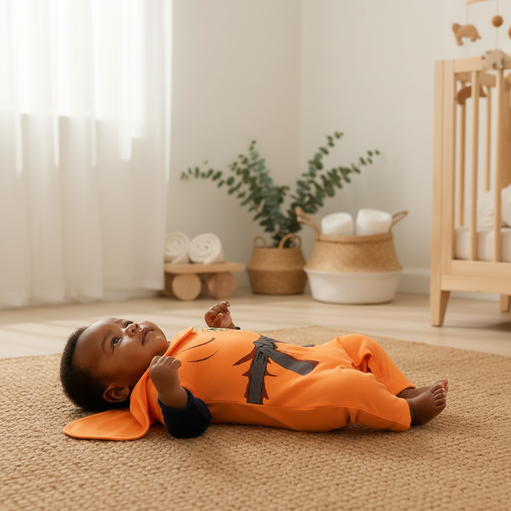 Newborn wearing the orange animal-print cape-style cotton romper in a calm nursery