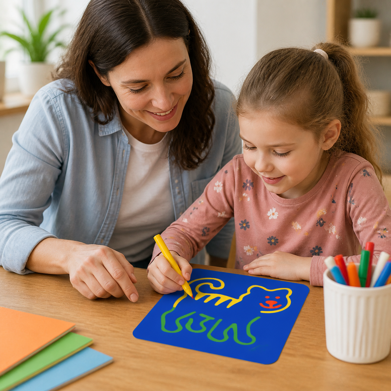 Plastic Drawing Templates Reusable Creative Tracing Boards — parent and child turning the finished outline into a colorful picture at a tidy family art table