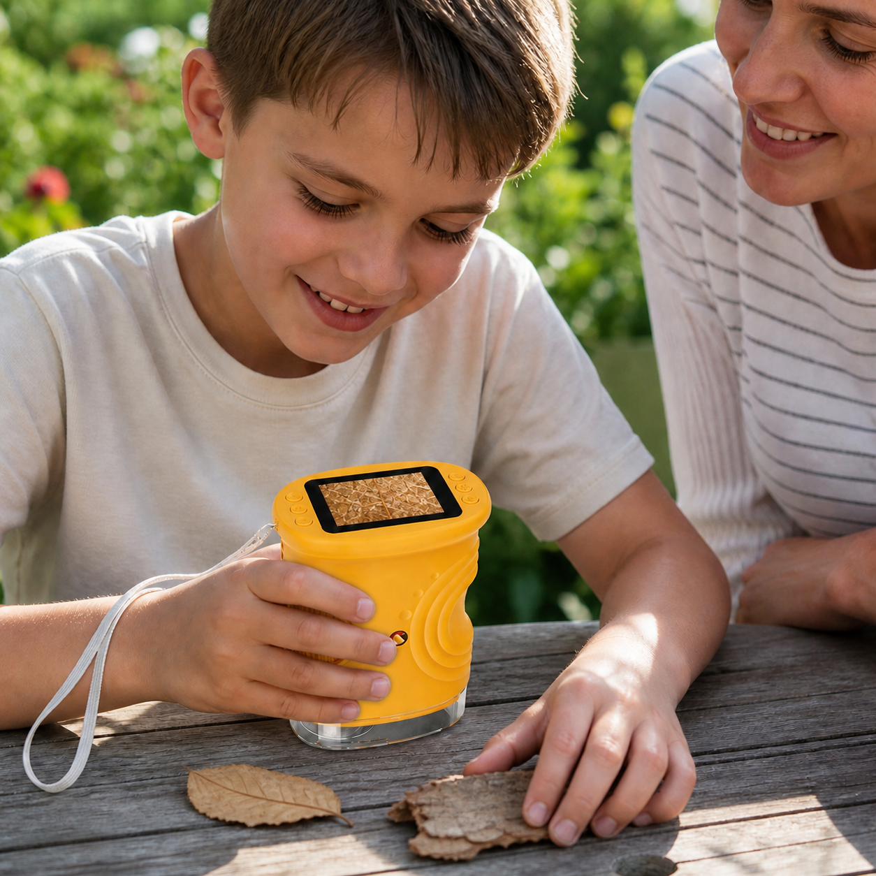 1000x Handheld Microscope Kids Screen Rechargeable Mini — child comparing two safe dry nature samples with the microscope during a family backyard discovery activity