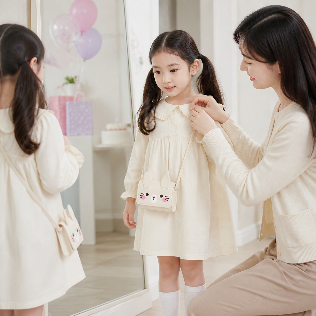 Adult checking the fit of a white rabbit mini crossbody bag on a young child