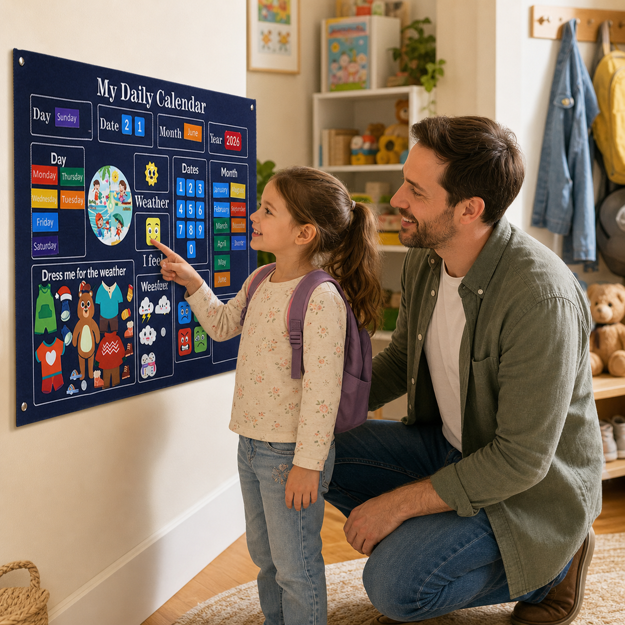 Navy children's felt calendar showing weather feeling and clothing activity sections
