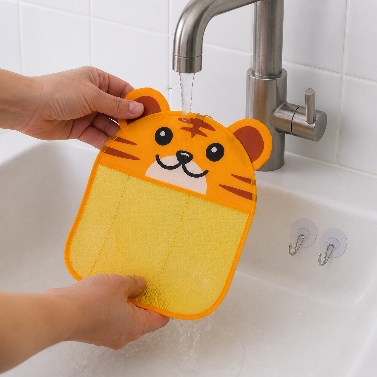Tiger S cartoon bath organizer with yellow mesh and two suction hooks