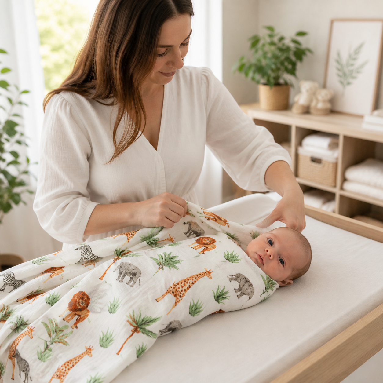Parent safely wrapping an awake newborn in the lightweight white safari-print bamboo muslin swaddle with face uncovered