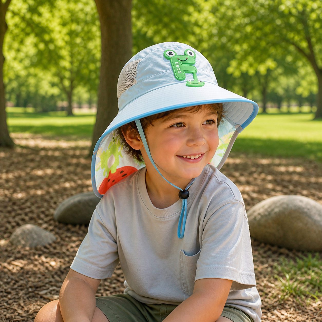 Child wearing the blue frog wide-brim hat with neck cover in a sunny park