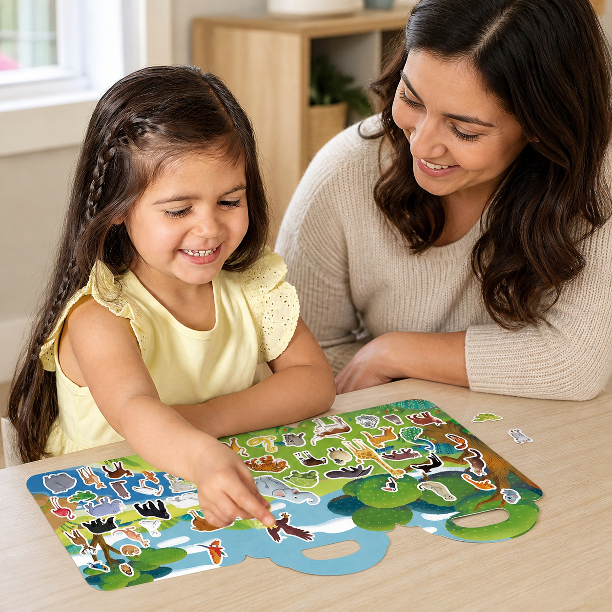 Pcs Reusable Sticker Books Kids 2-4 Static Adhesive — child placing one reusable sticker into the illustrated activity scene