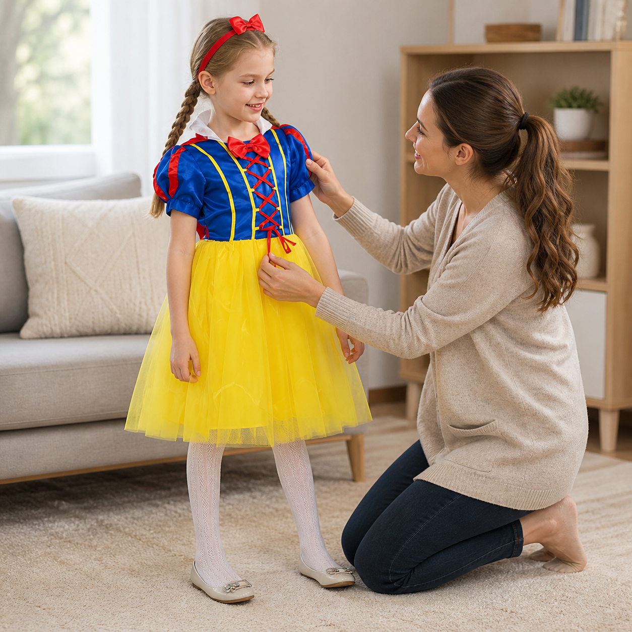 Snow White Princess Dress Up Kids Halloween Costume — parent helping the child check the comfortable fit before a family costume event