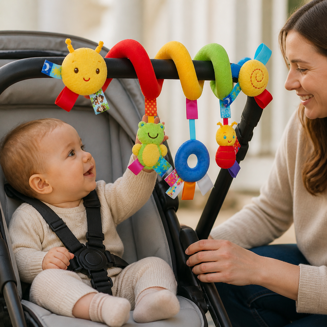 Activity Musical Spiral Crib Stroller Car Seat Travel — infant reaching toward the yellow spiral toy securely attached to a stationary stroller bar