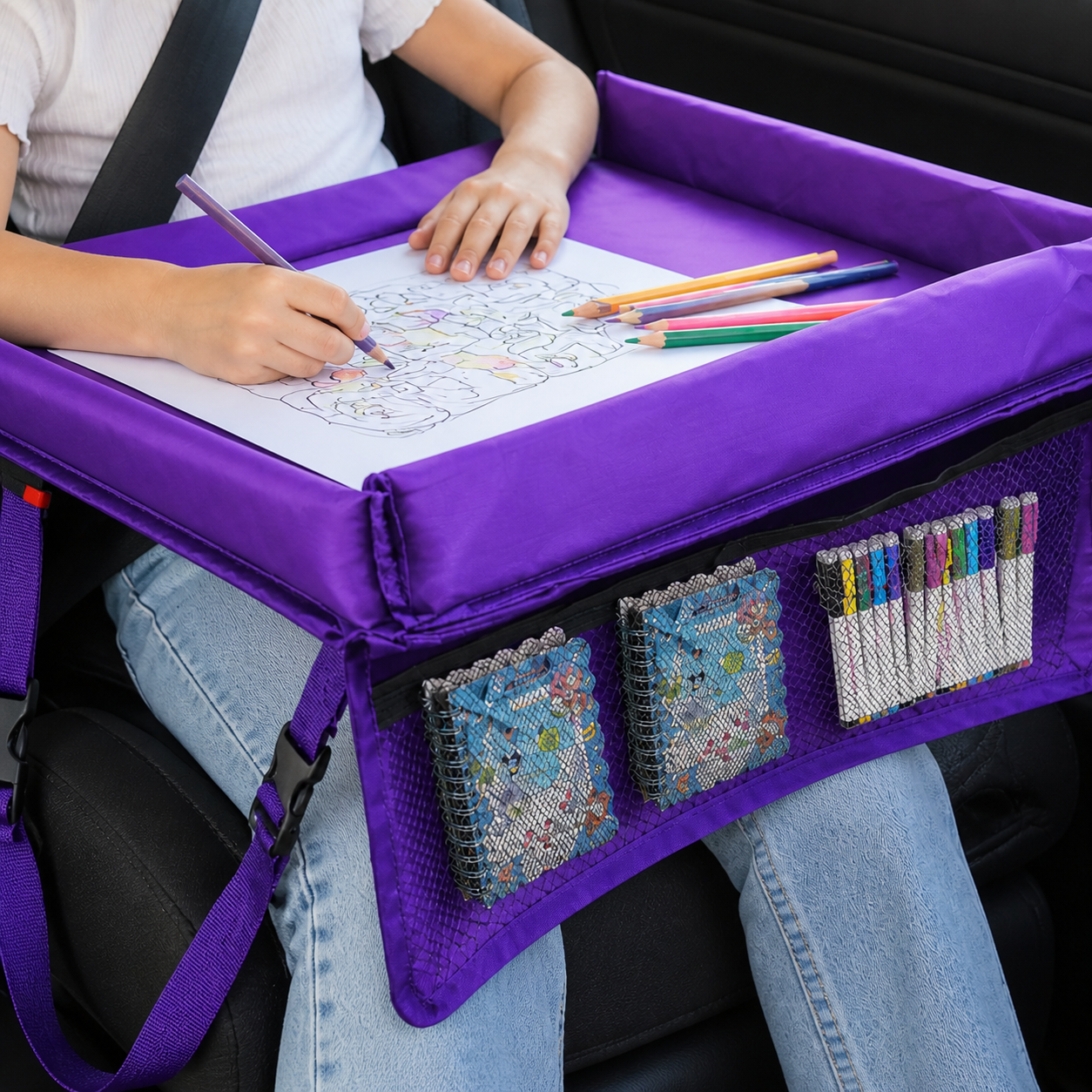 Close detail of the purple padded activity tray and its front mesh storage pockets