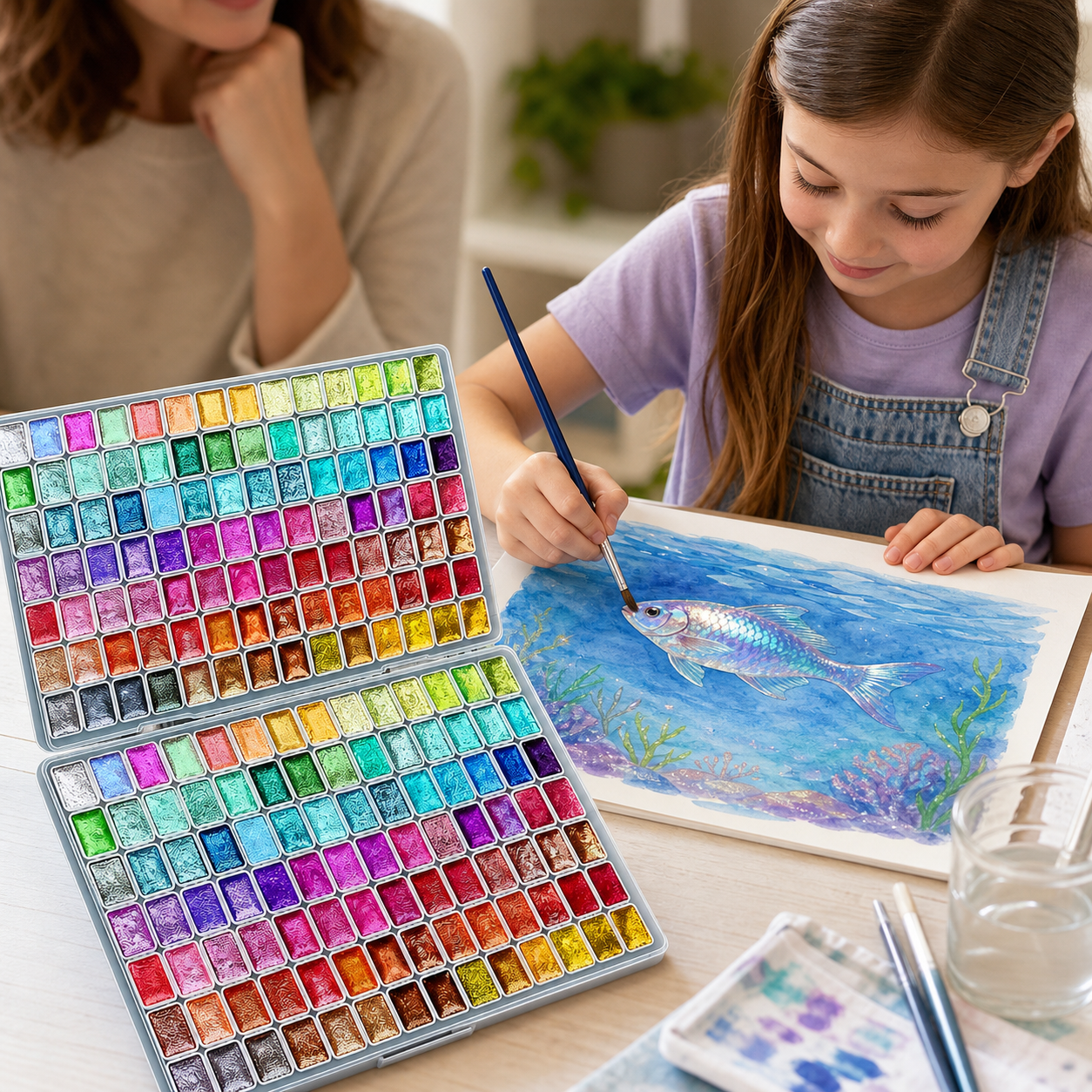 Older child painting an iridescent fish beside a large metallic watercolor palette