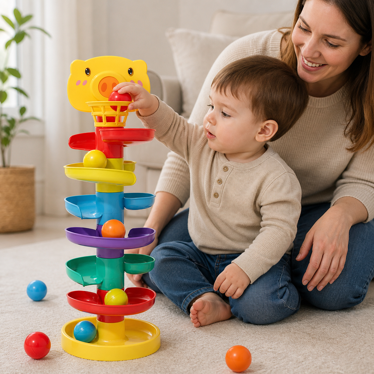 Baby Toy Ball Drop Toys Toddler 1-3y Rolling — toddler dropping one ball into the pig top and watching it roll down the colored ramps