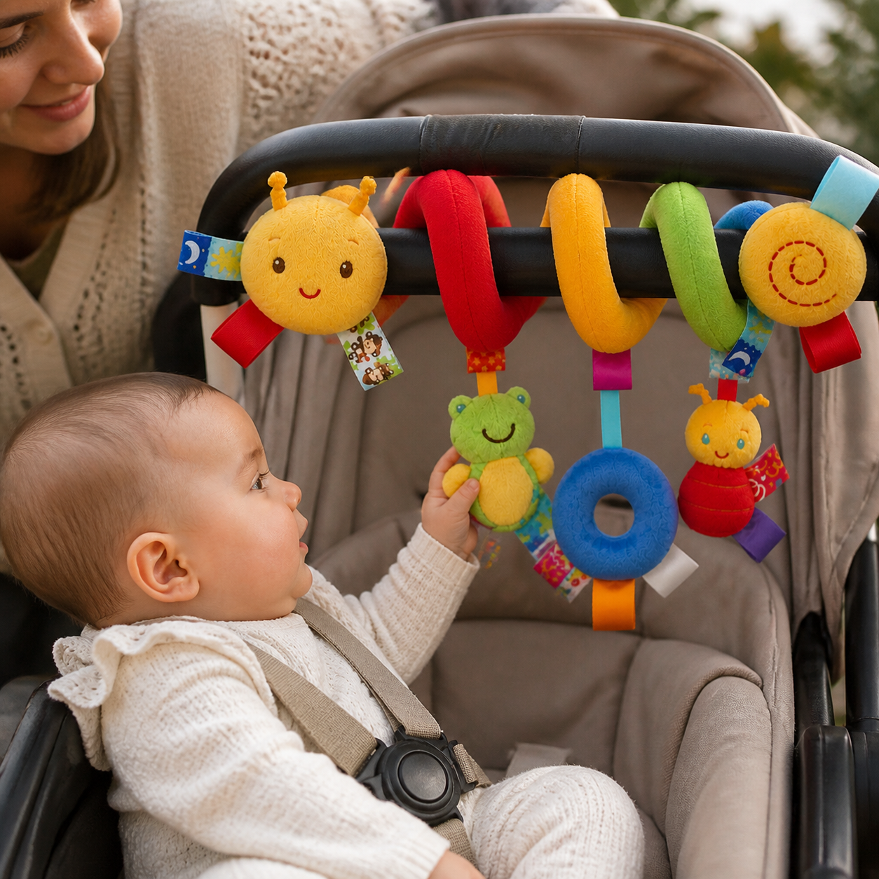 Activity Musical Spiral Crib Stroller Car Seat Travel — close view of one soft hanging character and textured spiral within baby’s reach, no face obstruction
