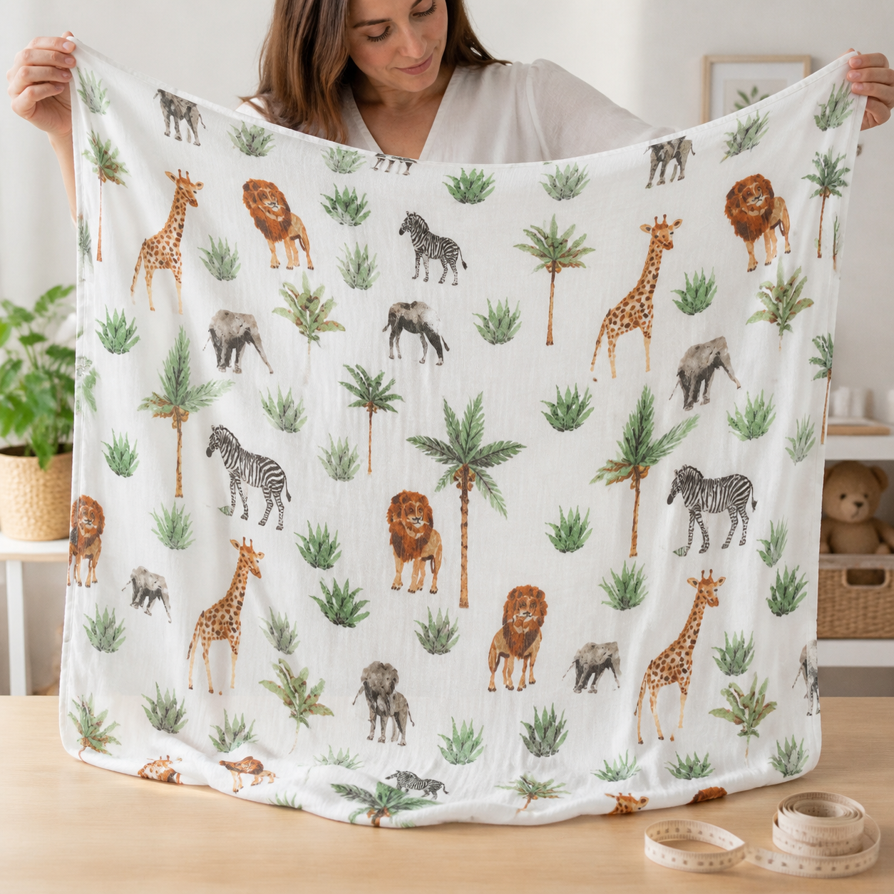 Adult holding the 120 by 120 centimetre white safari-print muslin swaddle fully open to show its generous size