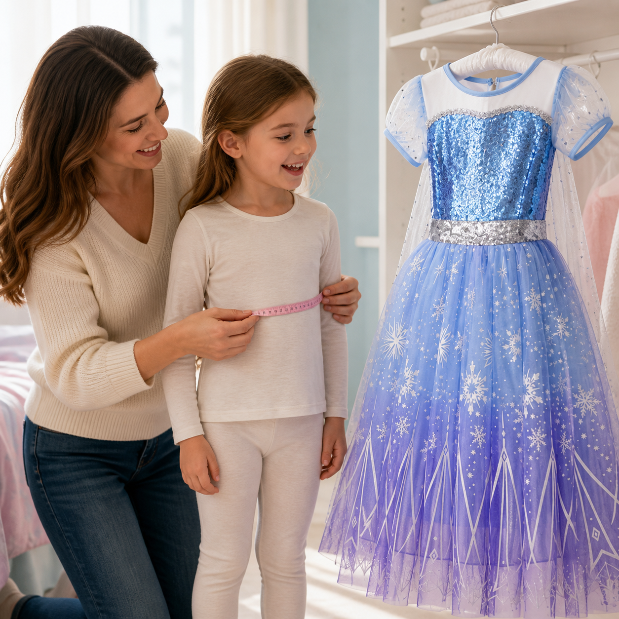 Parent measuring a child beside the exact blue-lavender snowflake dress before choosing a size