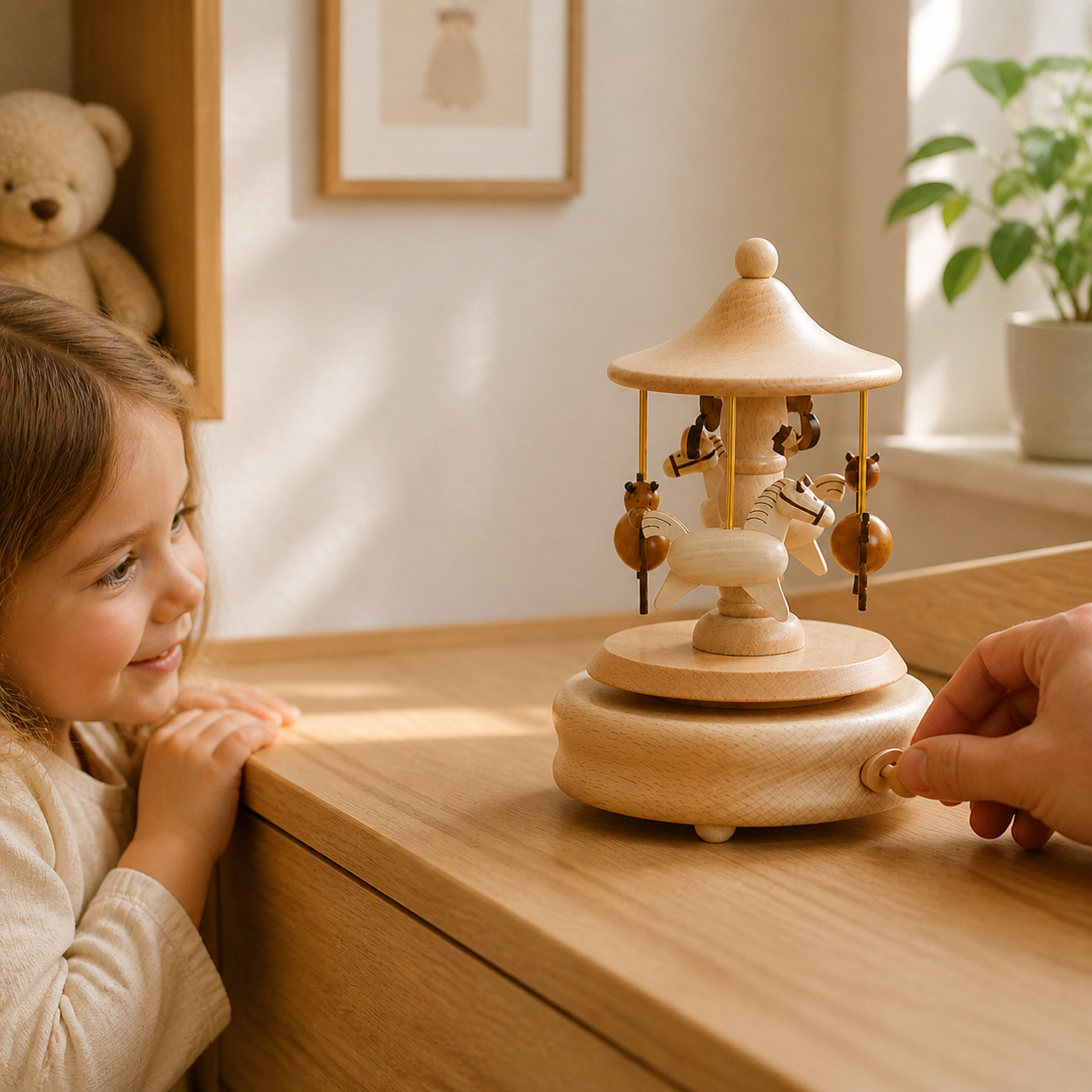 Child watching an adult operate the wooden hand-cranked carousel music box
