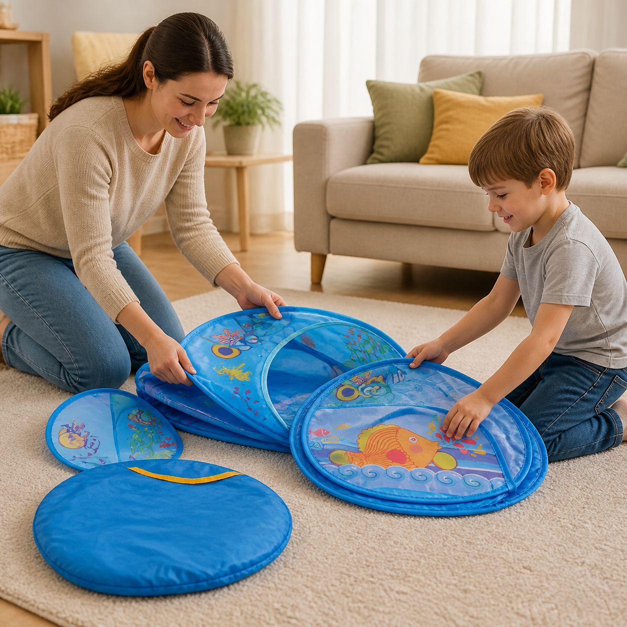 Folded blue play tent set beside its compact carry bag, no balls included