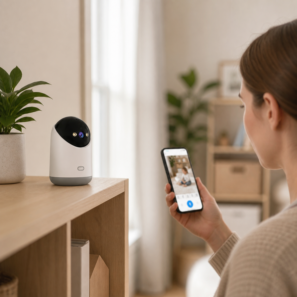 Lenovo 5mp 5g WiFi Camera Indoor Home Security — parent checking the camera’s live view on a phone from another room, screen interface softly blurred