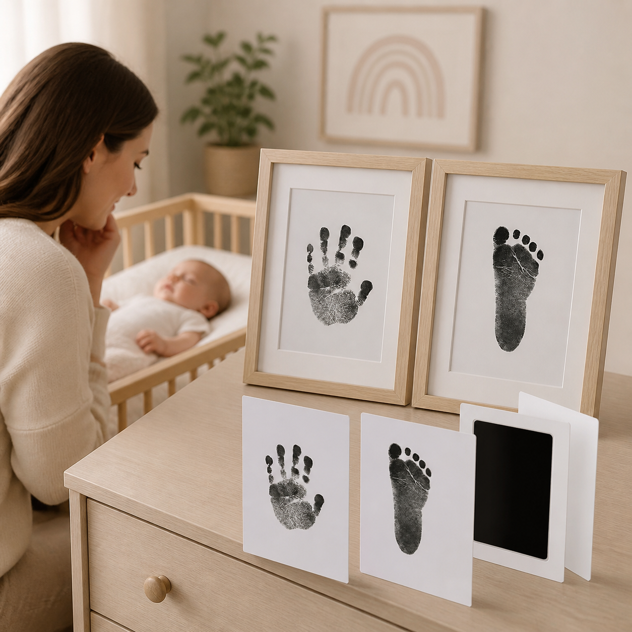 Baby handprint and footprint cards displayed as nursery keepsakes