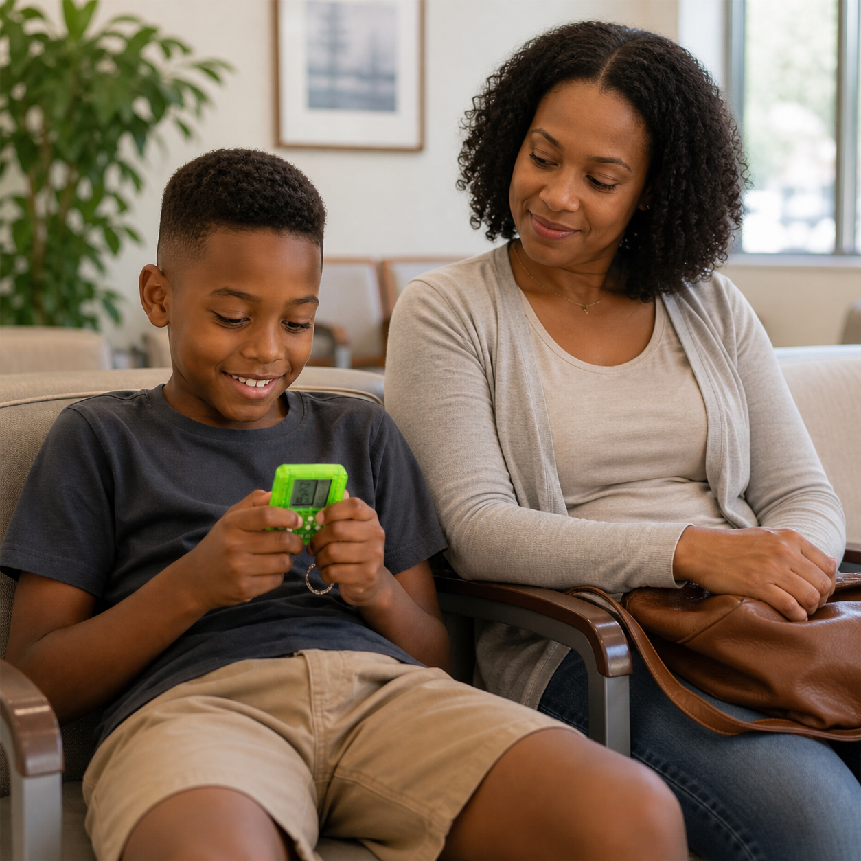 Classic Retro Mini Handheld Game Console Educational — child holding the tiny green console with both hands during a supervised waiting-room break, realistic small scale