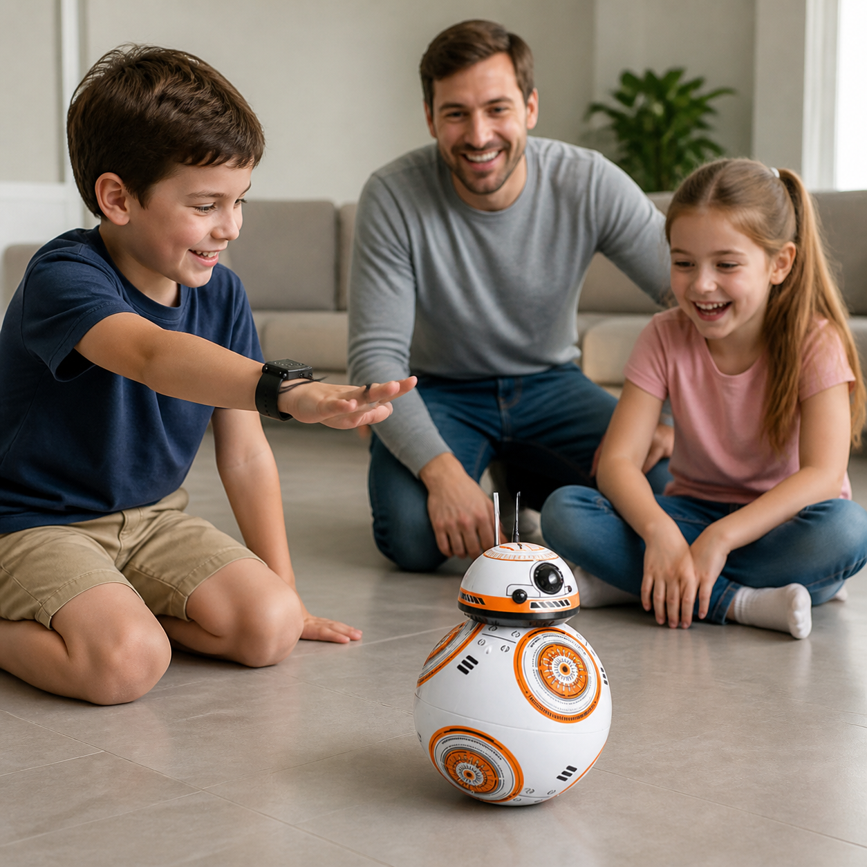 Two children taking turns guiding the spherical robot by hand gesture under adult supervision