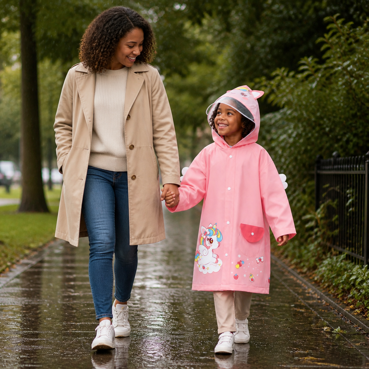 Young child wearing the pink unicorn rain poncho with hood and clear visor