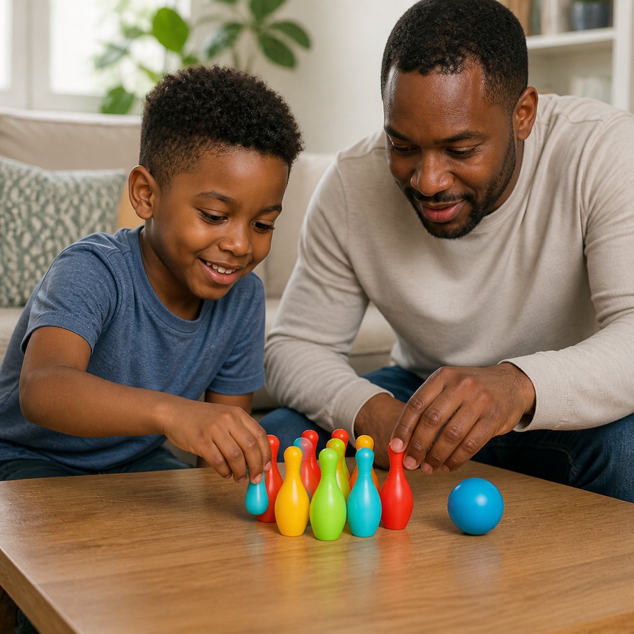 Family sharing a compact ten-pin indoor bowling game around a coffee table