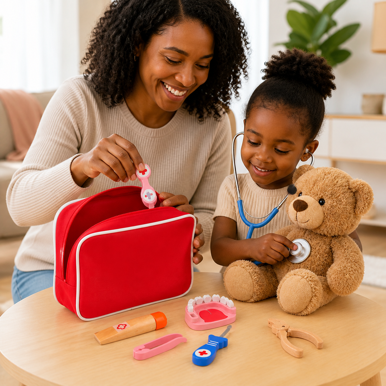 Red doctor-kit carry case with toy stethoscope dental and medical accessories