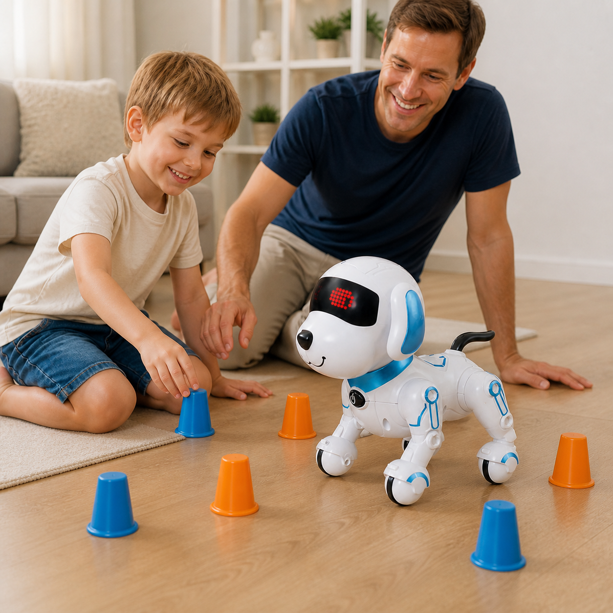 RC Robot Dog Electronic Stunt Pet Interactive Touch — parent and child setting up a short obstacle-free route for the robot dog to follow