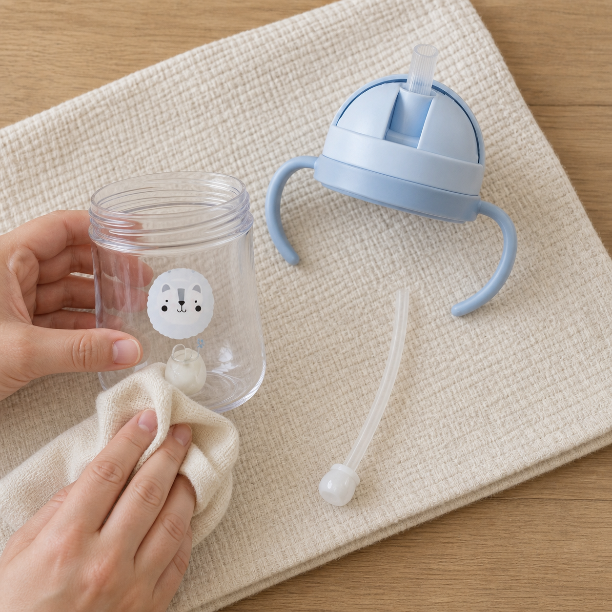 Adult cleaning a handle-free clear cup body beside its pale-blue handled lid and internal straw tube.